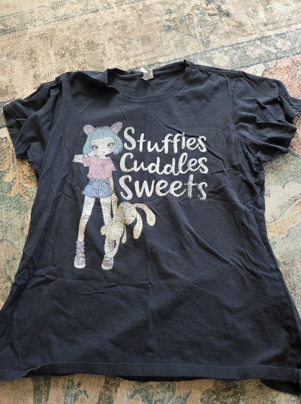 Black Graphic Tee with 'Stuffies Cuddles Sweets' Print